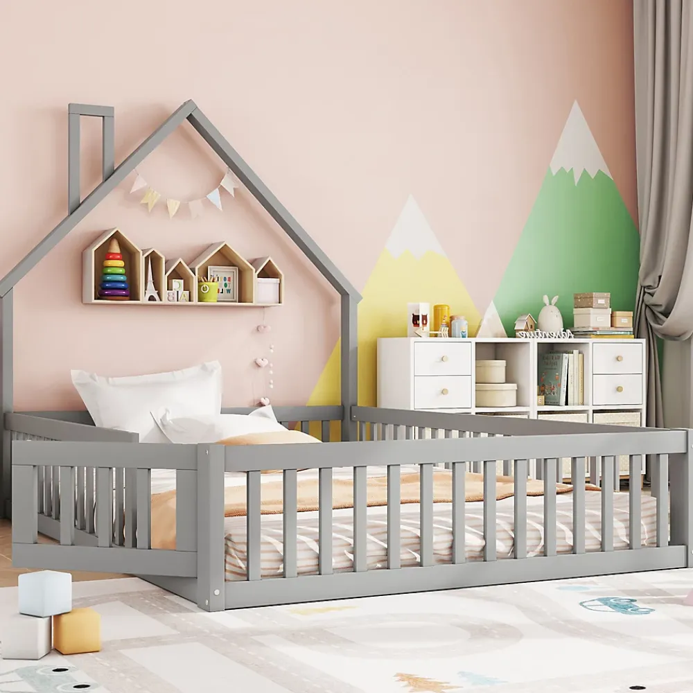 Okwish Lit Cabane 140 x 200 cm - Lit enfant Forme Cheminée - Pin + MDF - Sans Matelas - Gris*Enfant Lit Enfant