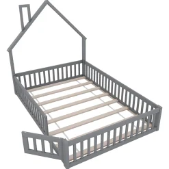 Okwish Lit Cabane 140 x 200 cm - Lit enfant Forme Cheminée - Pin + MDF - Sans Matelas - Gris*Enfant Lit Enfant