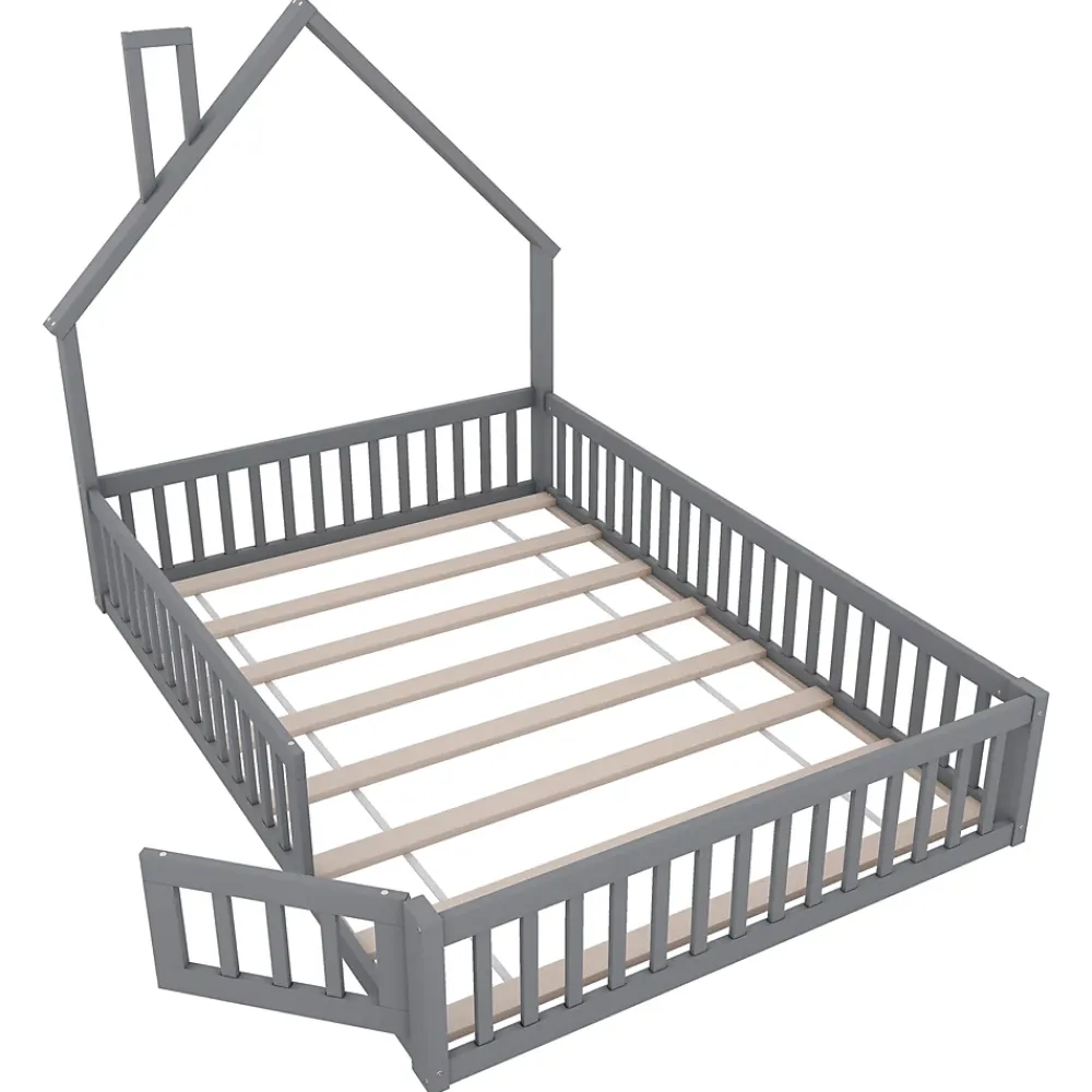 Okwish Lit Cabane 140 x 200 cm - Lit enfant Forme Cheminée - Pin + MDF - Sans Matelas - Gris*Enfant Lit Enfant
