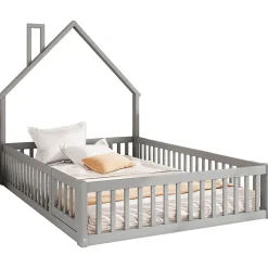 Okwish Lit Cabane 140 x 200 cm - Lit enfant Forme Cheminée - Pin + MDF - Sans Matelas - Gris*Enfant Lit Enfant