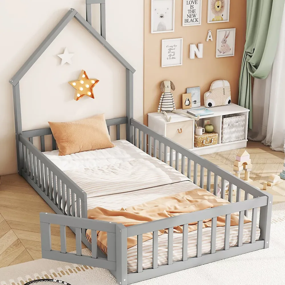 Okwish Lit Cabane 90 x 200 cm - Lit enfant Forme Cheminée - Pin + MDF - Sans Matelas - Gris*Enfant Lit Enfant