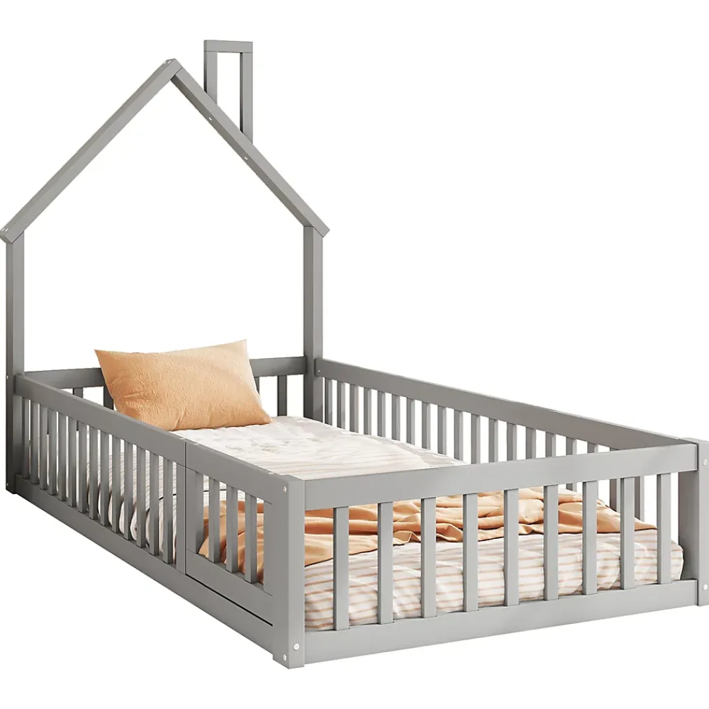 Okwish Lit Cabane 90 x 200 cm - Lit enfant Forme Cheminée - Pin + MDF - Sans Matelas - Gris*Enfant Lit Enfant