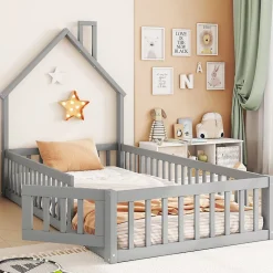 Okwish Lit Cabane 90 x 200 cm - Lit enfant Forme Cheminée - Pin + MDF - Sans Matelas - Gris*Enfant Lit Enfant