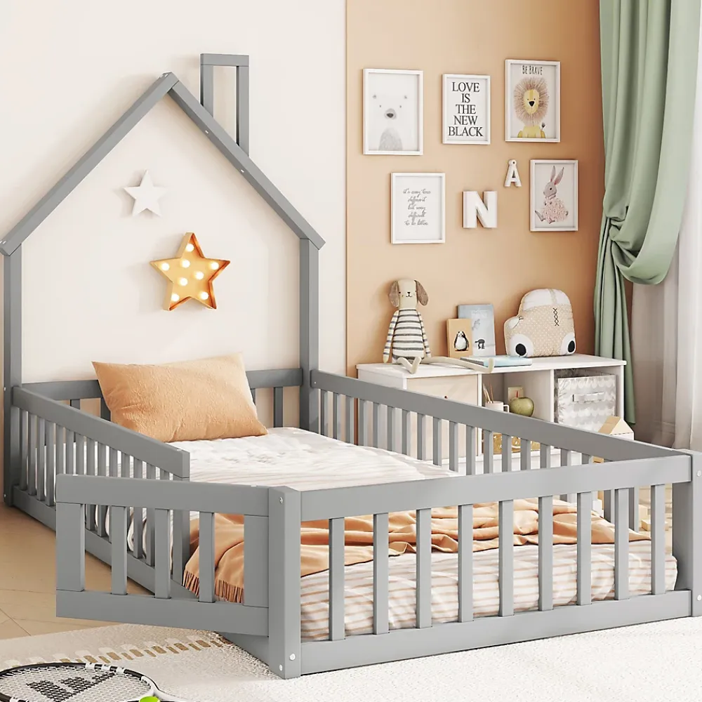 Okwish Lit Cabane 90 x 200 cm - Lit enfant Forme Cheminée - Pin + MDF - Sans Matelas - Gris*Enfant Lit Enfant