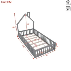 Okwish Lit Cabane 90 x 200 cm - Lit enfant Forme Cheminée - Pin + MDF - Sans Matelas - Gris*Enfant Lit Enfant