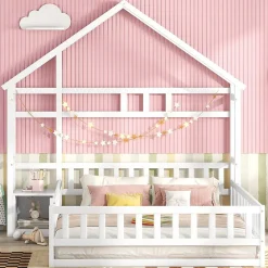 Lit Cabane 140 x 200 cm - Lit enfant avec Balustrade et Tables de Chevet - Bois + MDF - Sans Matelas - Blanc>Okwish Best