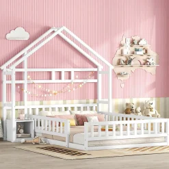 Lit Cabane 140 x 200 cm - Lit enfant avec Balustrade et Tables de Chevet - Bois + MDF - Sans Matelas - Blanc>Okwish Best