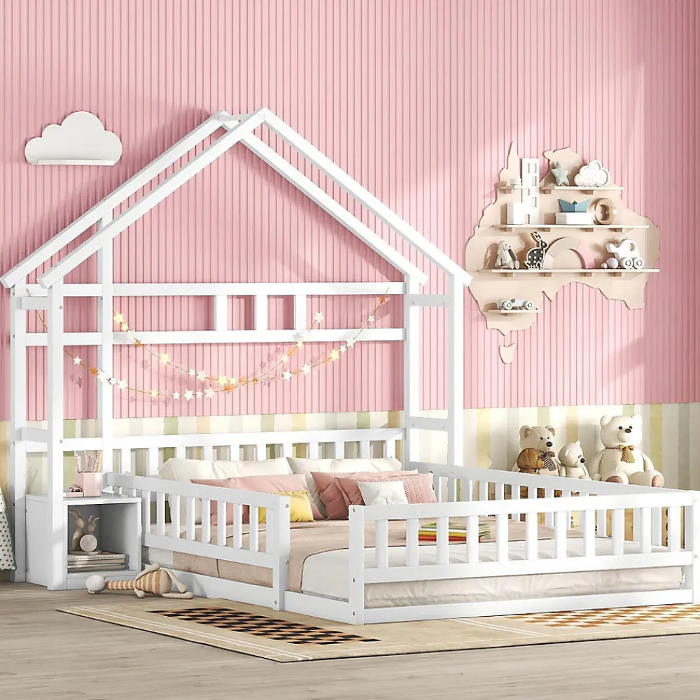 Lit Cabane 140 x 200 cm - Lit enfant avec Balustrade et Tables de Chevet - Bois + MDF - Sans Matelas - Blanc>Okwish Best