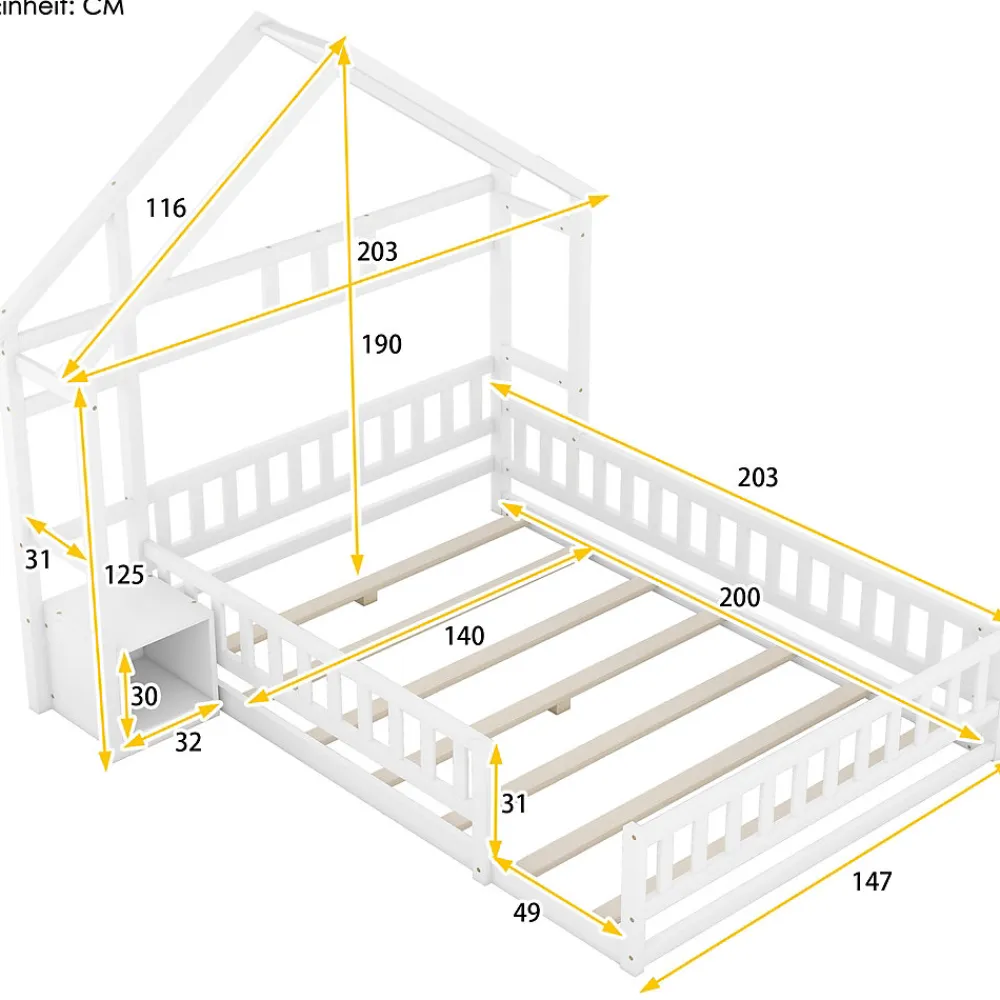 Lit Cabane 140 x 200 cm - Lit enfant avec Balustrade et Tables de Chevet - Bois + MDF - Sans Matelas - Blanc>Okwish Best