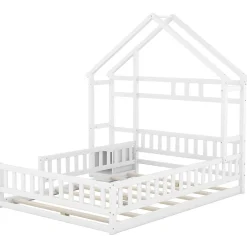 Lit Cabane 140 x 200 cm - Lit enfant avec Balustrade et Tables de Chevet - Bois + MDF - Sans Matelas - Blanc><noscript><img width=