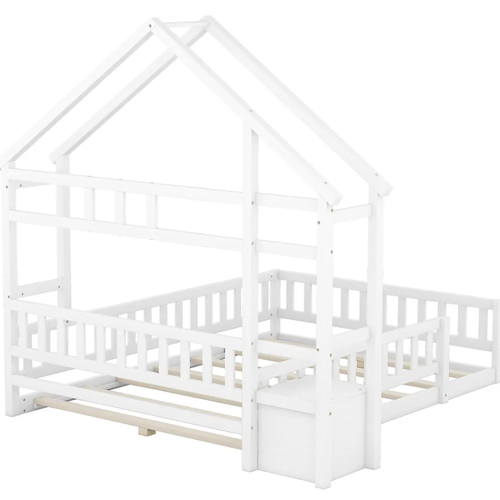Lit Cabane 140 x 200 cm - Lit enfant avec Balustrade et Tables de Chevet - Bois + MDF - Sans Matelas - Blanc>Okwish Best