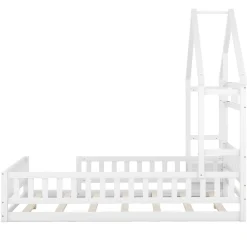 Lit Cabane 140 x 200 cm - Lit enfant avec Balustrade et Tables de Chevet - Bois + MDF - Sans Matelas - Blanc><noscript><img width=