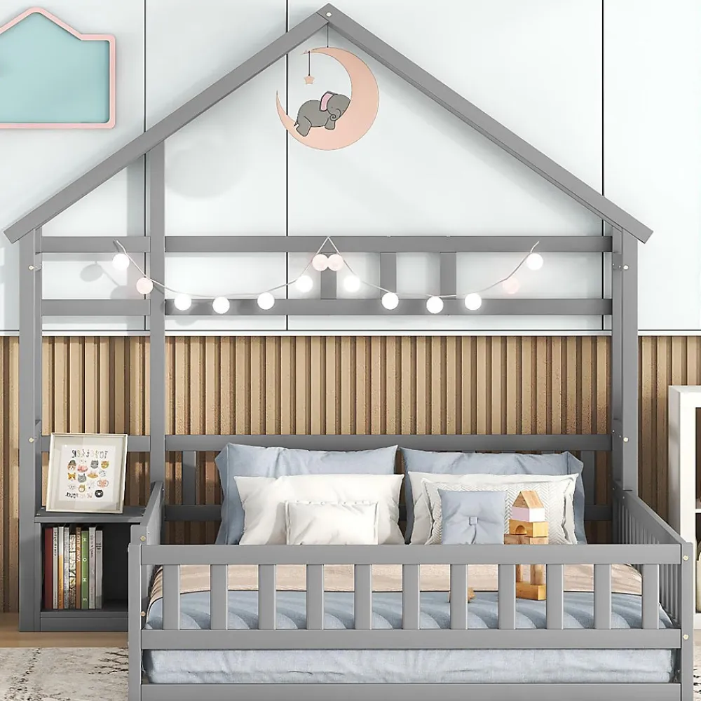 Lit Cabane 140 x 200 cm - Lit enfant avec Balustrade et Tables de Chevet - Bois + MDF - Sans Matelas - Gris>Okwish