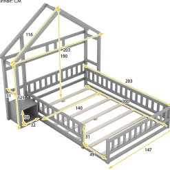 Lit Cabane 140 x 200 cm - Lit enfant avec Balustrade et Tables de Chevet - Bois + MDF - Sans Matelas - Gris><noscript><img width=