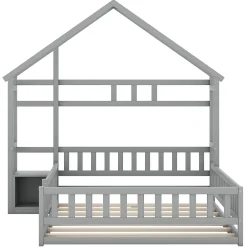 Lit Cabane 140 x 200 cm - Lit enfant avec Balustrade et Tables de Chevet - Bois + MDF - Sans Matelas - Gris><noscript><img width=