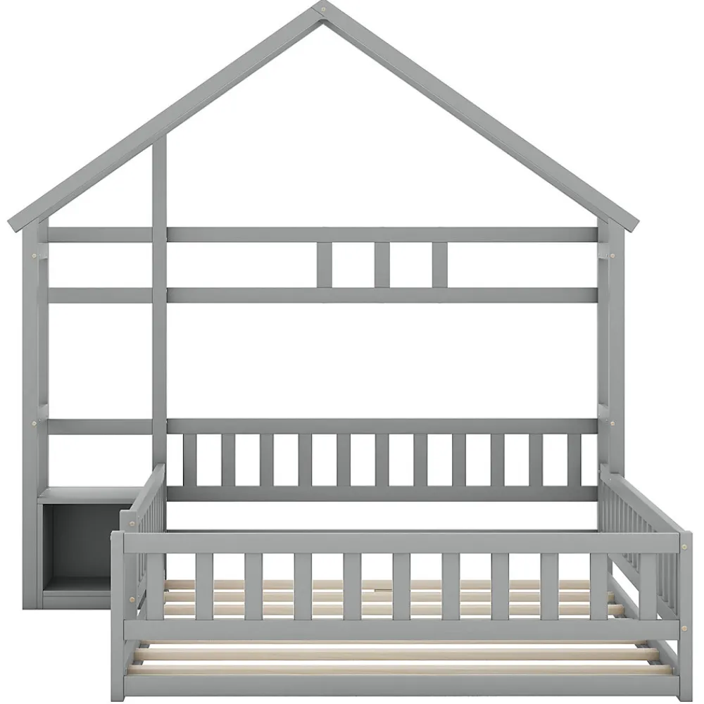 Lit Cabane 140 x 200 cm - Lit enfant avec Balustrade et Tables de Chevet - Bois + MDF - Sans Matelas - Gris>Okwish