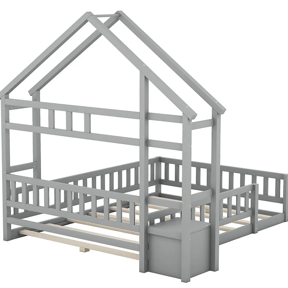 Lit Cabane 140 x 200 cm - Lit enfant avec Balustrade et Tables de Chevet - Bois + MDF - Sans Matelas - Gris>Okwish