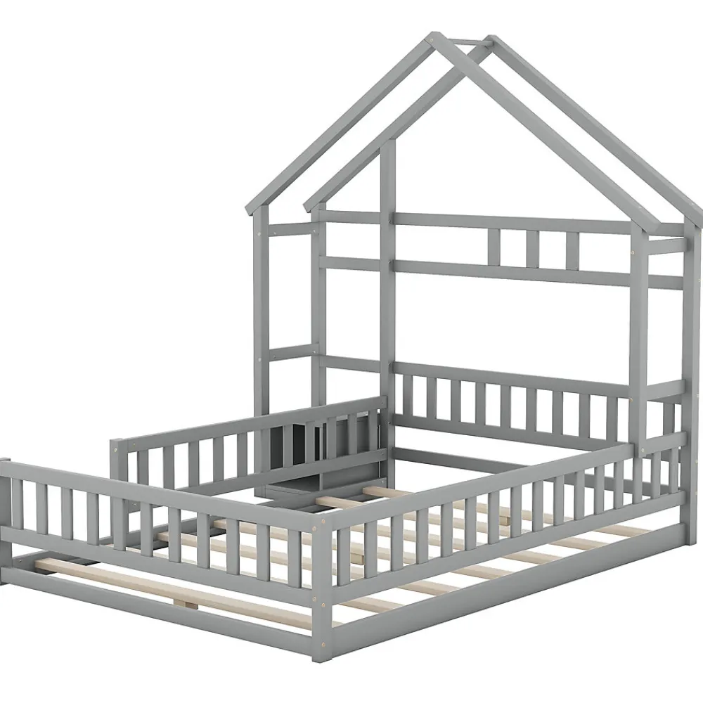 Lit Cabane 140 x 200 cm - Lit enfant avec Balustrade et Tables de Chevet - Bois + MDF - Sans Matelas - Gris>Okwish