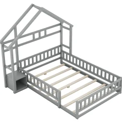 Lit Cabane 140 x 200 cm - Lit enfant avec Balustrade et Tables de Chevet - Bois + MDF - Sans Matelas - Gris><noscript><img width=