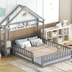 Lit Cabane 140 x 190 cm - Lit enfant avec Balustrade et Tables de Chevet - Bois + MDF - Sans Matelas - Gris>Okwish Hot