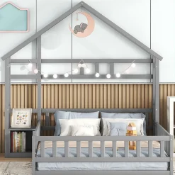 Lit Cabane 140 x 190 cm - Lit enfant avec Balustrade et Tables de Chevet - Bois + MDF - Sans Matelas - Gris>Okwish Hot