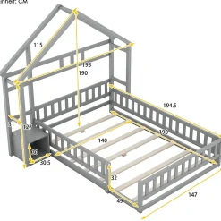 Lit Cabane 140 x 190 cm - Lit enfant avec Balustrade et Tables de Chevet - Bois + MDF - Sans Matelas - Gris><noscript><img width=