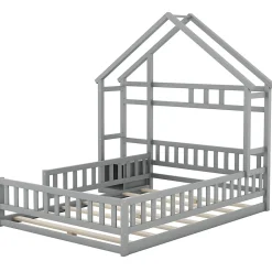 Lit Cabane 140 x 190 cm - Lit enfant avec Balustrade et Tables de Chevet - Bois + MDF - Sans Matelas - Gris><noscript><img width=