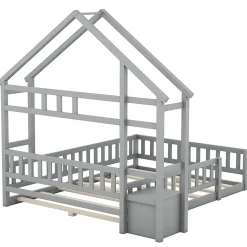 Lit Cabane 140 x 190 cm - Lit enfant avec Balustrade et Tables de Chevet - Bois + MDF - Sans Matelas - Gris><noscript><img width=