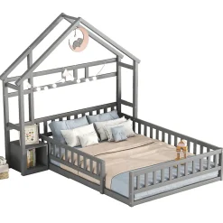 Lit Cabane 140 x 190 cm - Lit enfant avec Balustrade et Tables de Chevet - Bois + MDF - Sans Matelas - Gris><noscript><img width=