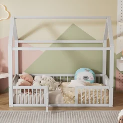 Lit Cabane 90 x 200 cm - Lit Simple avec Cadre en Bois et Sommier à Lattes - Pin + MDF - Sans Matelas - Blanc>Okwish Clearance