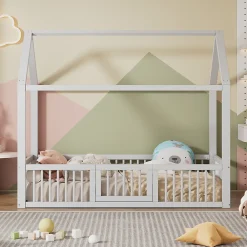 Lit Cabane 90 x 200 cm - Lit Simple avec Cadre en Bois et Sommier à Lattes - Pin + MDF - Sans Matelas - Blanc>Okwish Clearance