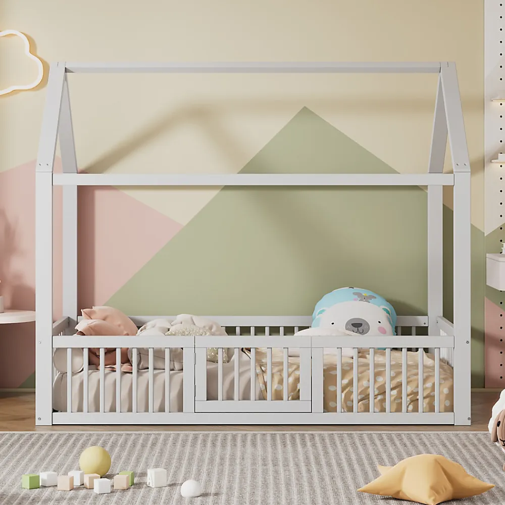 Lit Cabane 90 x 200 cm - Lit Simple avec Cadre en Bois et Sommier à Lattes - Pin + MDF - Sans Matelas - Blanc>Okwish Clearance
