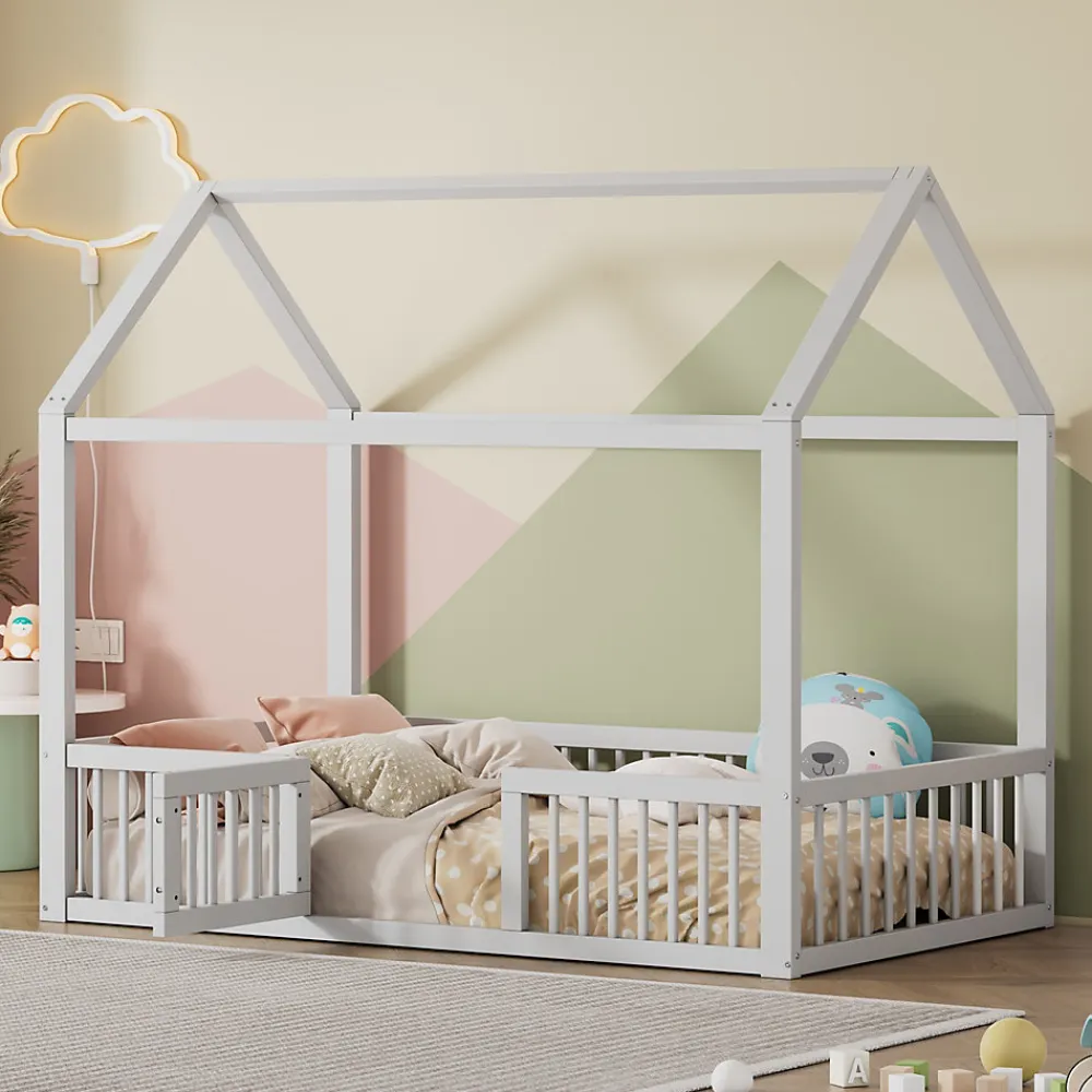 Lit Cabane 90 x 200 cm - Lit Simple avec Cadre en Bois et Sommier à Lattes - Pin + MDF - Sans Matelas - Blanc>Okwish Clearance