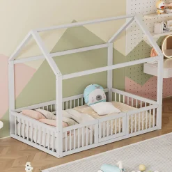 Lit Cabane 90 x 200 cm - Lit Simple avec Cadre en Bois et Sommier à Lattes - Pin + MDF - Sans Matelas - Blanc><noscript><img width=