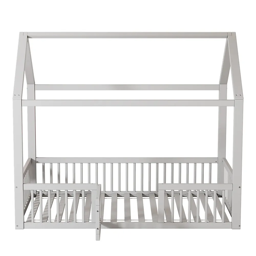 Lit Cabane 90 x 200 cm - Lit Simple avec Cadre en Bois et Sommier à Lattes - Pin + MDF - Sans Matelas - Blanc>Okwish Clearance