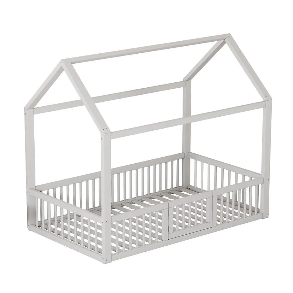Lit Cabane 90 x 200 cm - Lit Simple avec Cadre en Bois et Sommier à Lattes - Pin + MDF - Sans Matelas - Blanc>Okwish Clearance