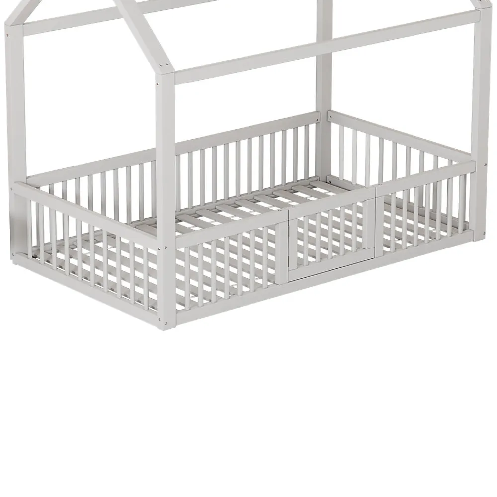 Lit Cabane 90 x 200 cm - Lit Simple avec Cadre en Bois et Sommier à Lattes - Pin + MDF - Sans Matelas - Blanc>Okwish Clearance