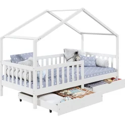 Lit cabane ELEA avec tiroirs, 90 x 200 cm en pin massif lasuré blanc>Idimex Discount