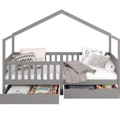Idimex Lit cabane ELEA avec tiroirs, 90 x 200 cm en pin massif lasuré gris*Enfant Lit Enfant
