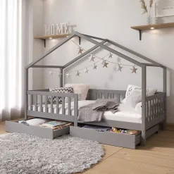Idimex Lit cabane ELEA avec tiroirs, 90 x 200 cm en pin massif lasuré gris*Enfant Lit Enfant