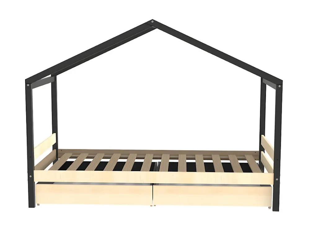 Vente-unique Lit cabane ELFIA - 2 tiroirs - 90 x 190 cm - Epicéa massif - Naturel et Noir*Enfant Lit Enfant
