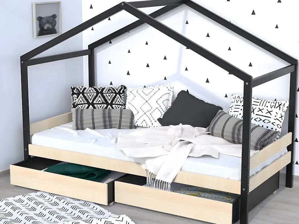 Vente-unique Lit cabane ELFIA - 2 tiroirs - 90 x 190 cm - Epicéa massif - Naturel et Noir*Enfant Lit Enfant