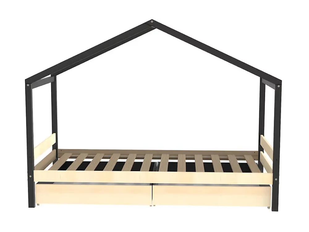 Vente-unique Lit cabane ELFIA - 2 tiroirs - 90 x 190 cm - Epicéa massif - Naturel et Noir*Enfant Lit Enfant