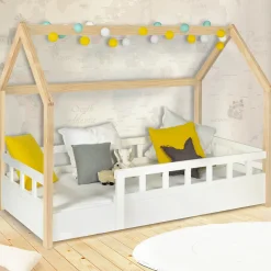 Lit cabane enfant 80 x 160 CM NEREE blanc et hêtre avec sommier et barrières>IDMarket Discount