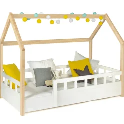 Lit cabane enfant 80 x 160 CM NEREE blanc et hêtre avec sommier et barrières>IDMarket Discount