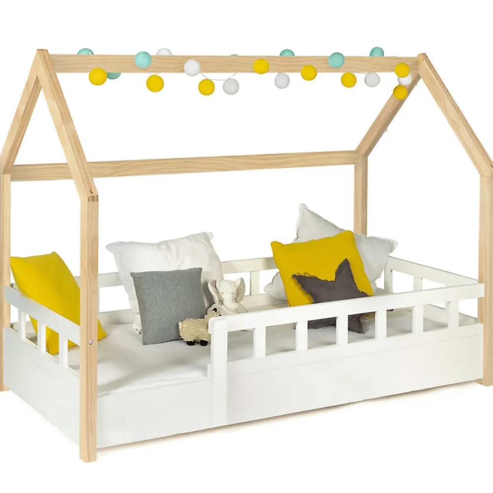 Lit cabane enfant 80 x 160 CM NEREE blanc et hêtre avec sommier et barrières>IDMarket Discount