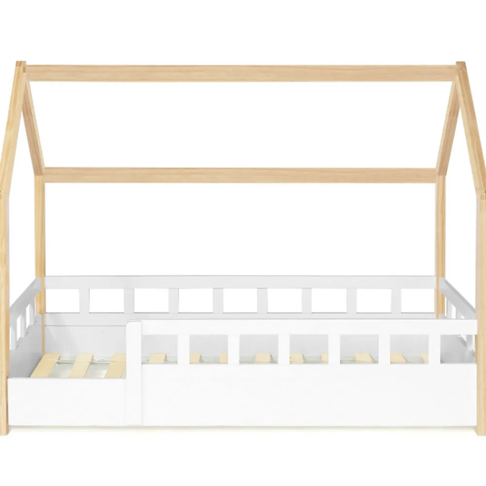 Lit cabane enfant 80 x 160 CM NEREE blanc et hêtre avec sommier et barrières>IDMarket Discount