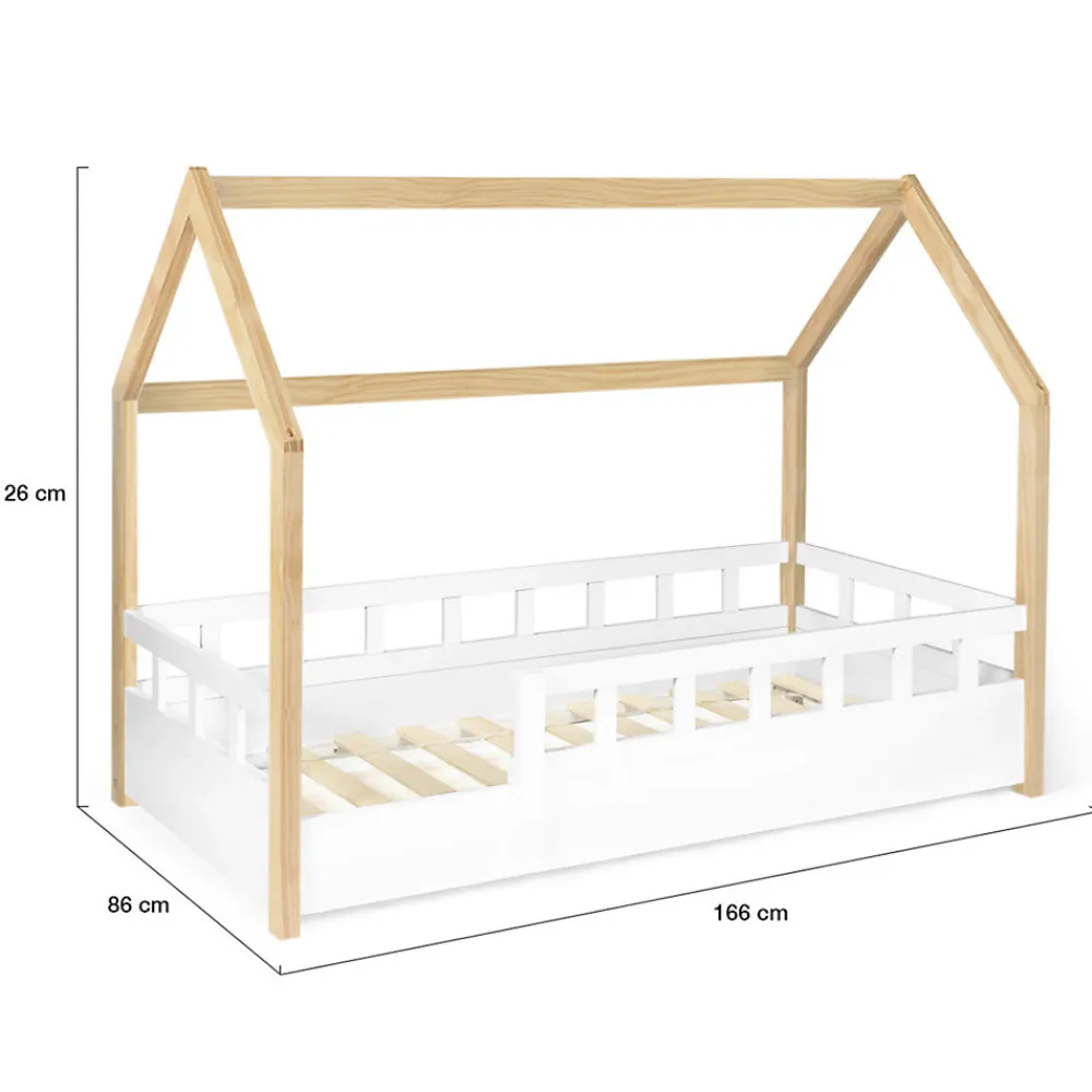 Lit cabane enfant 80 x 160 CM NEREE blanc et hêtre avec sommier et barrières>IDMarket Discount