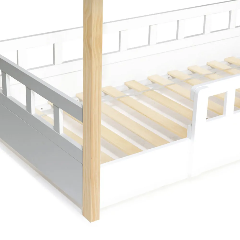 Lit cabane enfant 80 x 160 CM NEREE blanc et hêtre avec sommier et barrières>IDMarket Discount