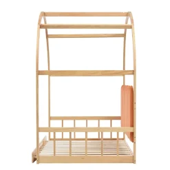 ProximaX Lit cabane enfant extensible 140x100-200 cm avec lit gigogne, cadre en pin, coussins en velours, coloris bois naturel et orange* Sommier